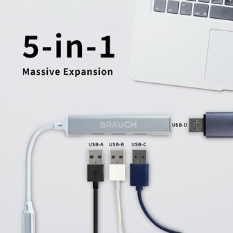 Brauch Docking Station 5 in 1 USB-A USB-B USB-C USB-D Mac en Windows - Grijs