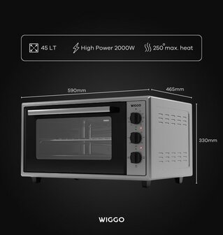 Wiggo WMO-E456(X) - Vrijstaande Mini Oven - 45 liter - 2000 Watt - Timer - Rvs