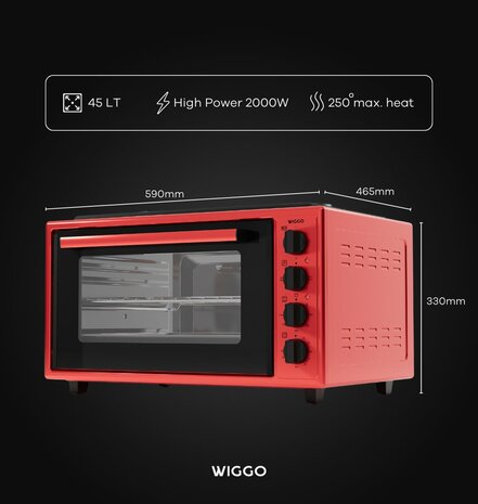 Wiggo WMO-E4562H(R) - Vrijstaande oven met kookplaat 2000 W - 45 liter - Rood