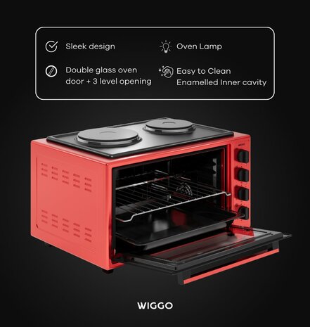 Wiggo WMO-E4562H(R) - Vrijstaande oven met kookplaat 2000 W - 45 liter - Rood