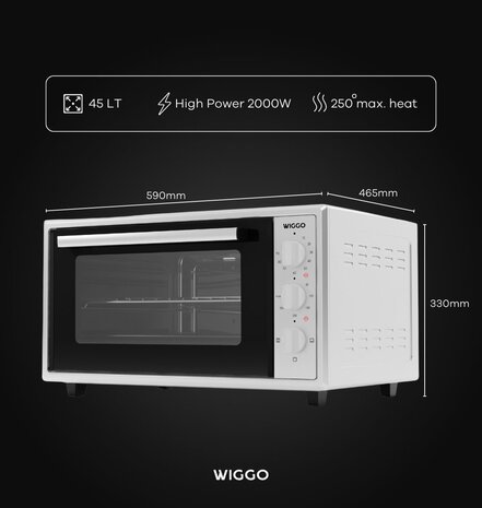 Wiggo WMO-E456(W) - Vrijstaande Mini Oven - 45 liter - 2000 Watt - Timer - Wit