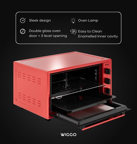 Wiggo WMO-E456(R) - Vrijstaande Mini Oven - 45 liter - 2000 Watt - Timer - Rood