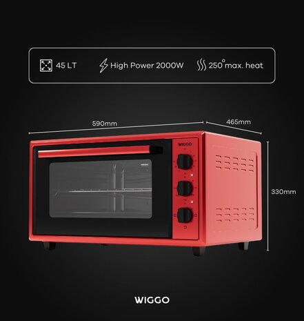 Wiggo WMO-E456(R) - Vrijstaande Mini Oven - 45 liter - 2000 Watt - Timer - Rood