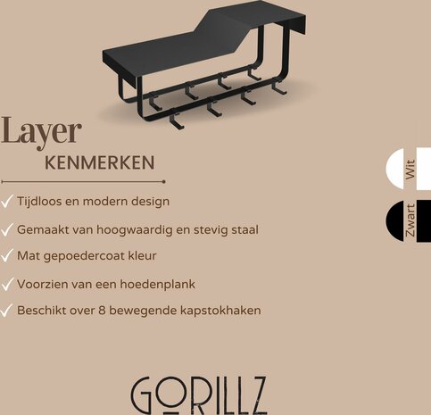 Gorillz Layer - Wandkapstok Met Hoedenplank - 8 Verschuifbare Kapstok Haken - Zwart