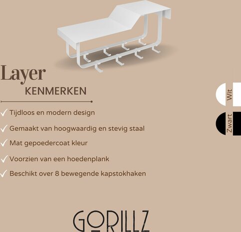 Gorillz Layer - Wandkapstok Met Hoedenplank - 8 Verschuifbare Kapstok Haken - Wit